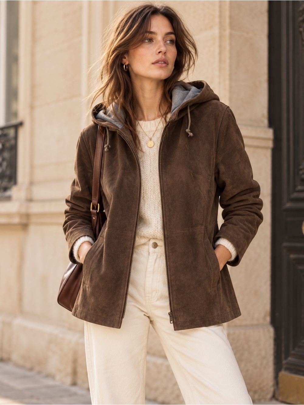Chocolate Brown Suede Leather Hooded Jacket Women L Y2K Brandon Thomas